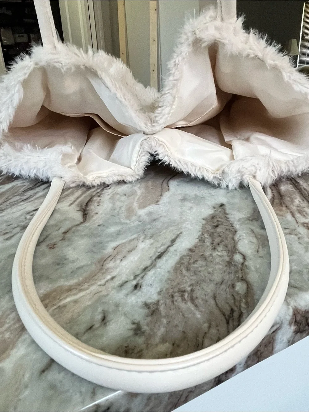 Cream Victoria’s Secret Faux-Fur Tote Bag with gold VS logo